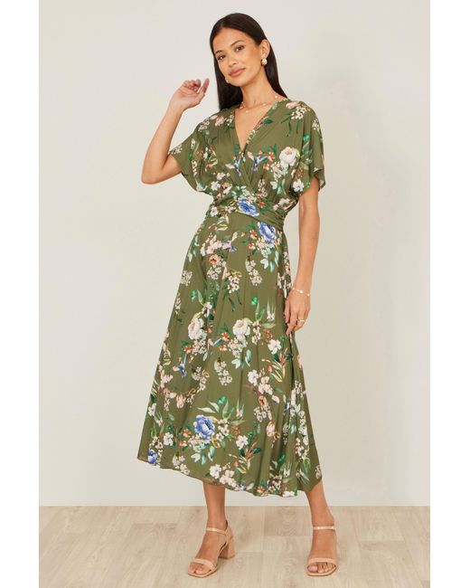 Yumi' Green Viscose Floral Print Midi Dress With Ruched Waist