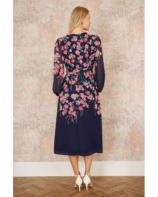 Yumi' Blue Button Up Midi Dress With Floral Placement And Long Sleeves