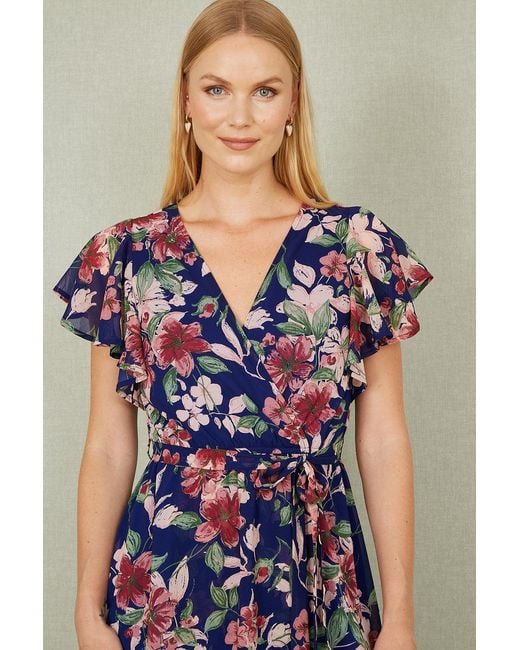 Yumi' Blue Floral Wrap Midi Dress With Frill Hem