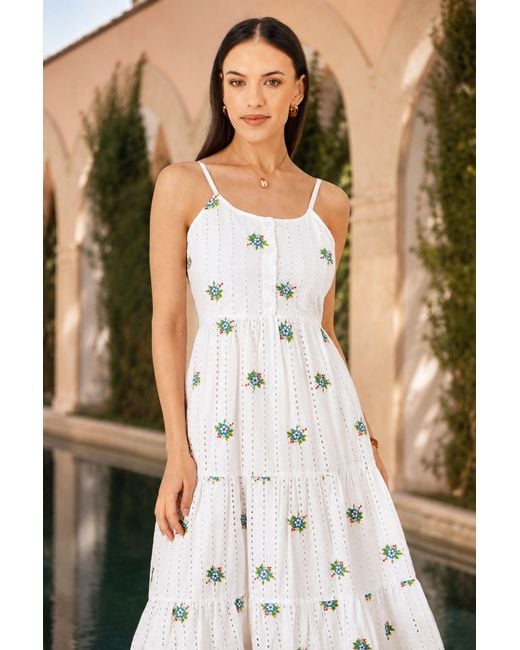 Yumi' Blue Cotton Embroidered Broderie Anglaise Midi Sun Dress