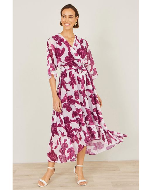 Yumi' Pink Kimono Sleeves Midi Dip Hem Wrap Midi Dress