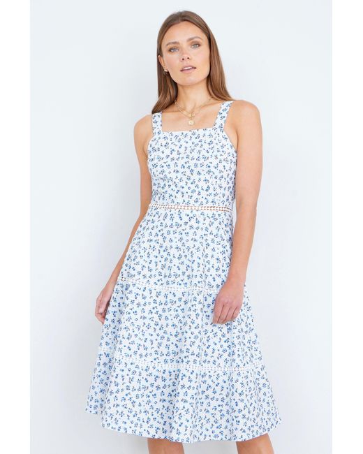 Yumi' Blue Ditsy Floral Cotton Midi Sun Dress With Lace Trims