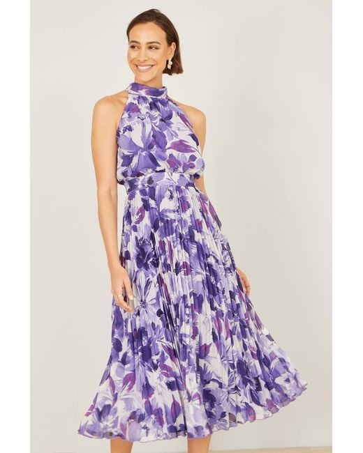 Yumi' Purple Abstract Floral Halter Neck Pleated Midi Dress