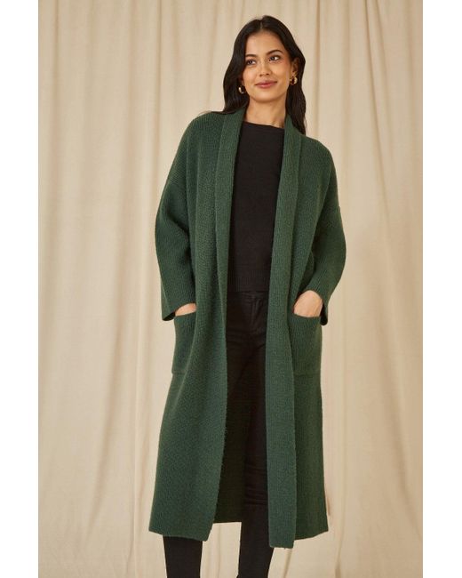Yumi' Green Knitted Maxi Cardigan With Pockets