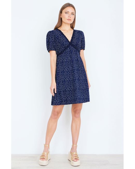 Yumi' Blue Spot Print Lace Trim Skater Dress
