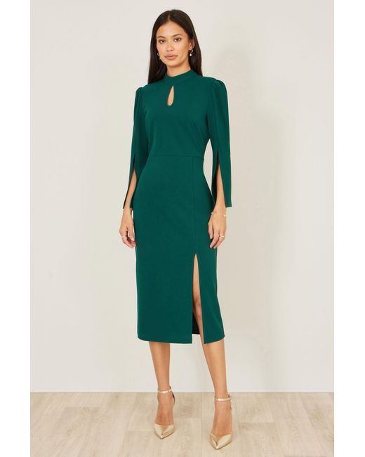 Yumi' Green Fitted Midi Dress With Flute Sleeves