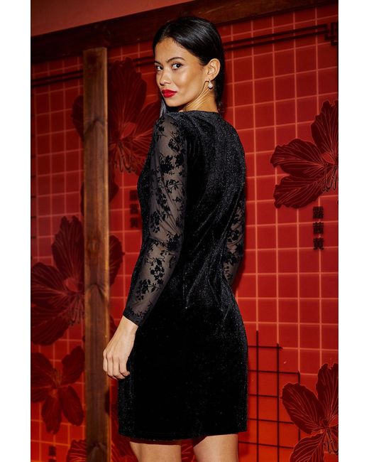 Yumi' Red Fitted Velvet Dress With Sheer Floral Sleeves