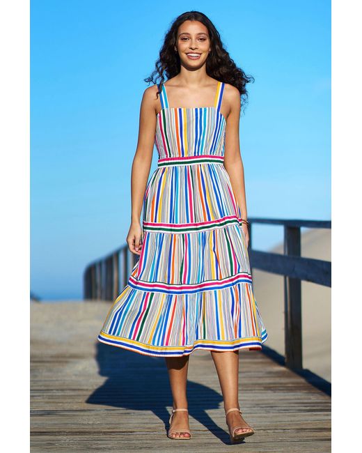 Yumi' Blue Multicolour Stripe Cotton Midi Sun Dress