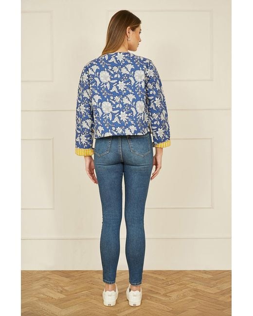 Yumi' Blue Floral Reversible Cotton Quilted Jacket