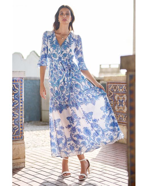 Yumi' Blue Paisley Wrap Maxi Dress With 3/4 Sleeve