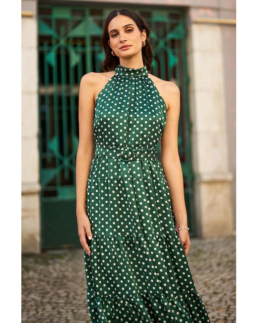 Yumi' Green Spot Print Halter Midi Dress With Matching Belt