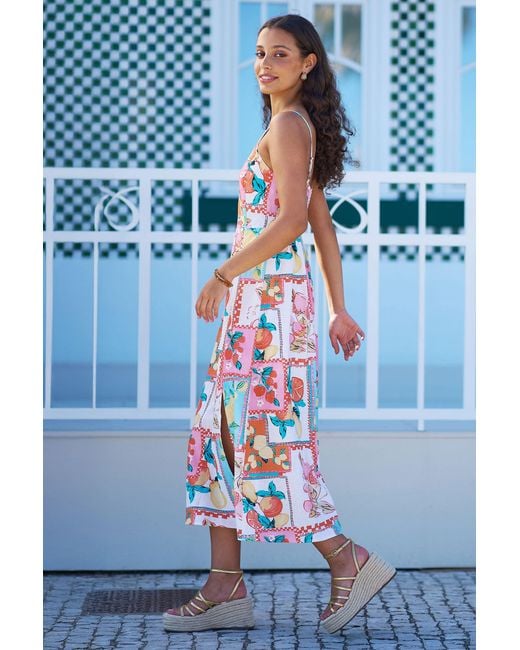 Yumi' Blue Multicolour Fruit Print Midi Sun Dress Ruched Back
