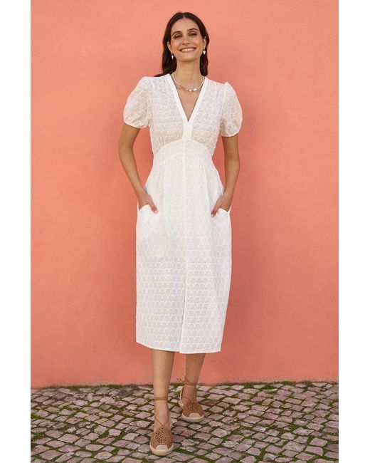 Yumi' Brown Broderie Anglaise Midi Dress With Split Hemline