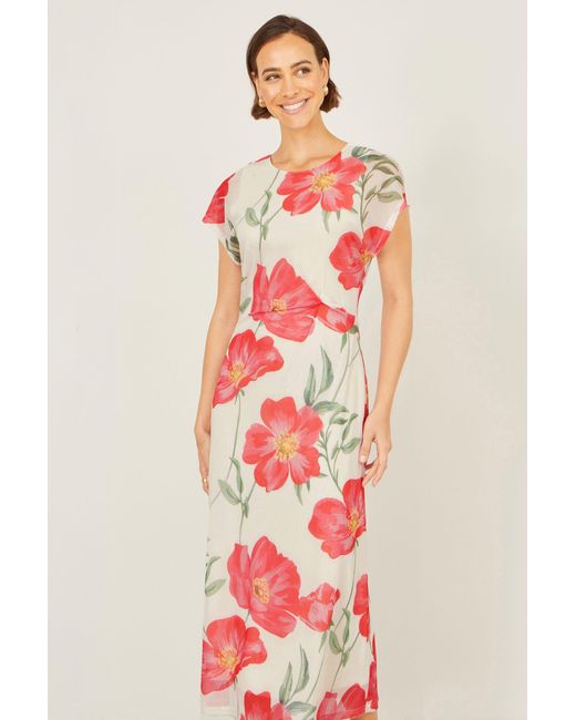 Yumi' Red Poppy Print Midi Mesh Dress