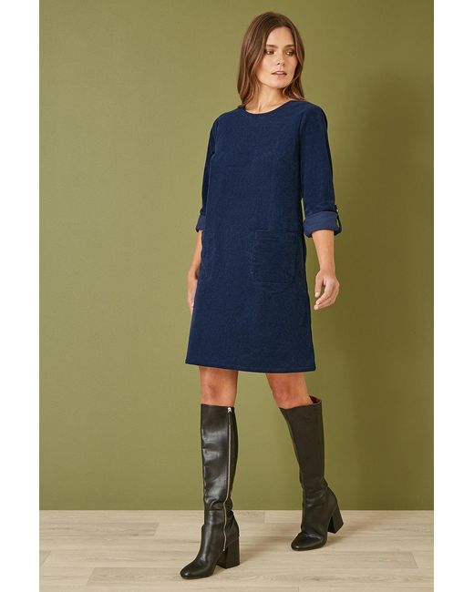Yumi' Green Cord Tunic Dress With 3/4 Sleeves And Pockets