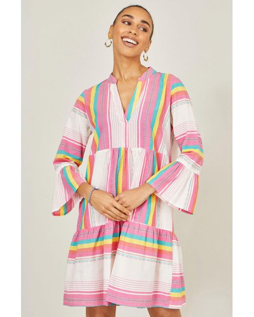 Yumi' Pink Multicolour Cotton Stripe Tunic