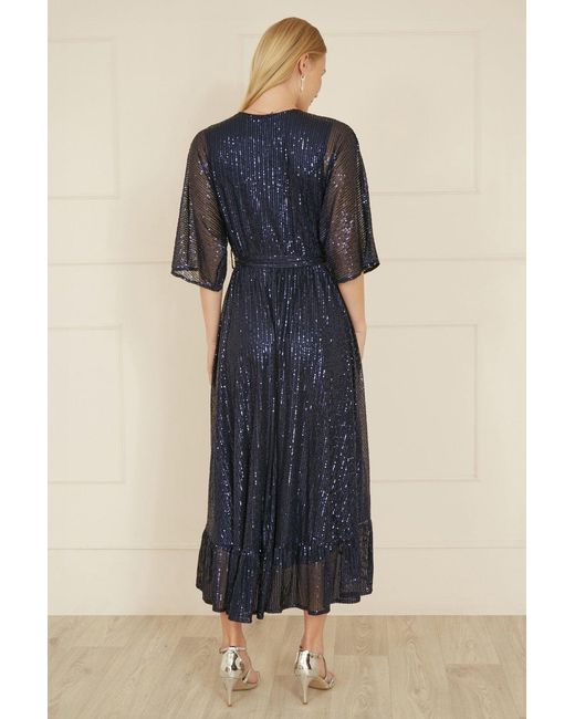 Yumi' Blue Sequin Kimono Midi Wrap Dress