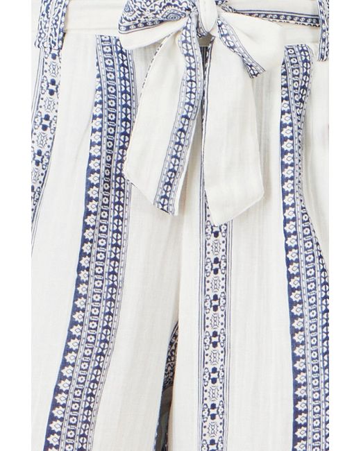 Yumi' Blue Linen Mix Cropped Trousers With Tie Belt