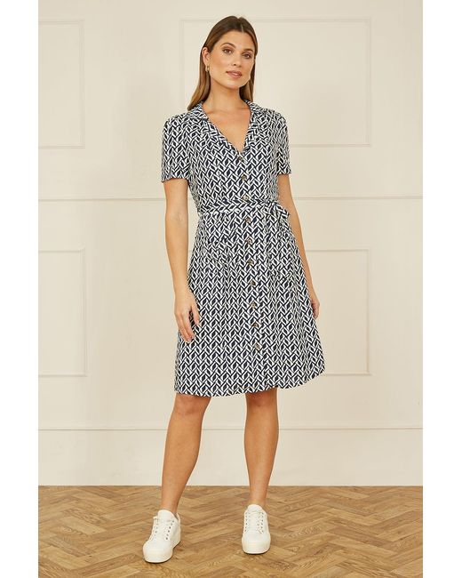 Yumi' Blue Geo Print Retro Style Shirt Dress