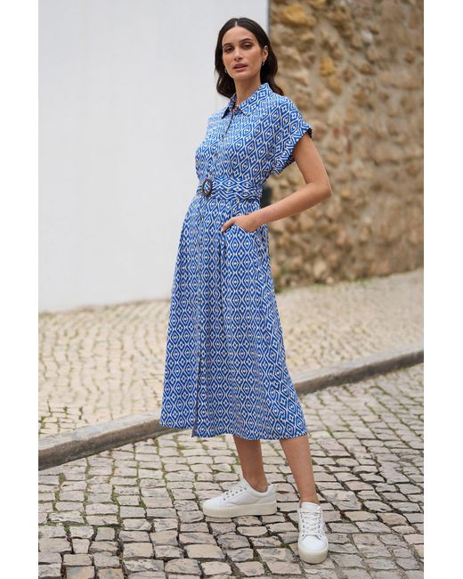 Yumi' Blue Viscose Midi Shirt Dress With Matching Belt
