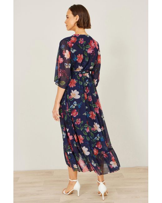 Yumi' Blue Floral Kimono Wrap Dress With Dip Hem