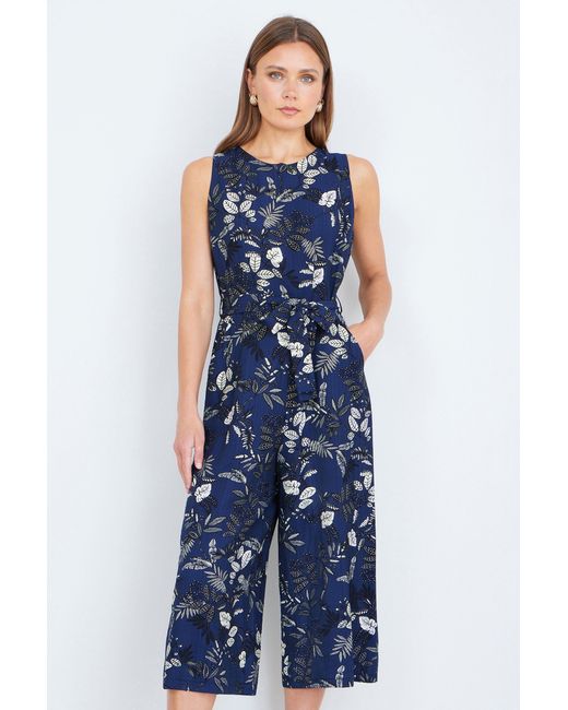 Yumi' Blue Leaf Culotte Jumpsuit