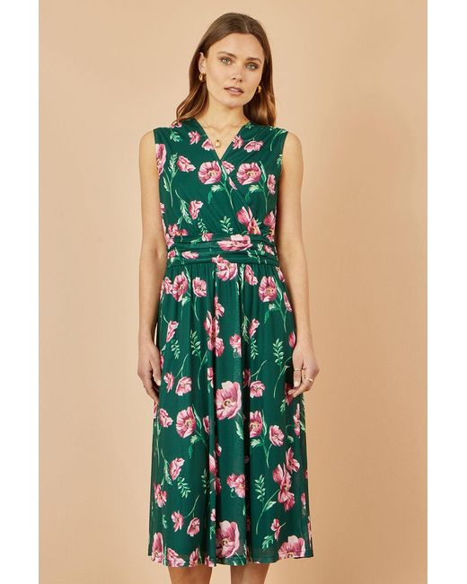 Yumi' Blue Floral Print Mesh Stretch Midi Dress With Pockets
