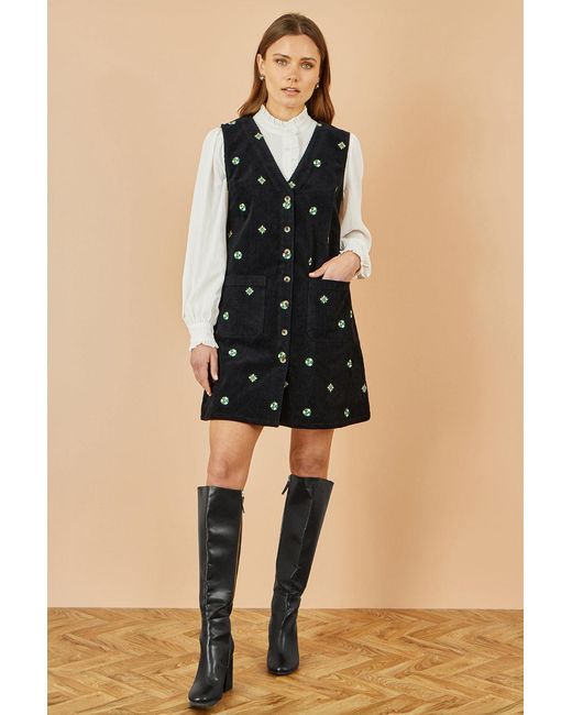 Yumi' Black Flower Embroidered Button Up Pinafore Dress