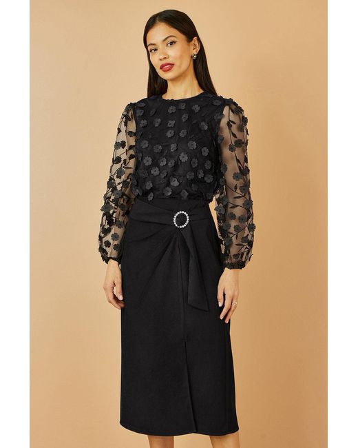 Yumi' Black Sheer Sleeve Applique Flower Top