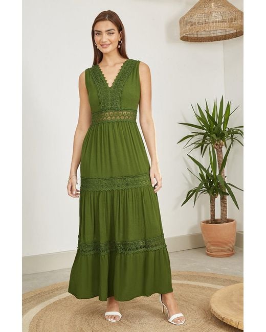 Yumi' Green Lace Trim Cotton Midi Sun Dress