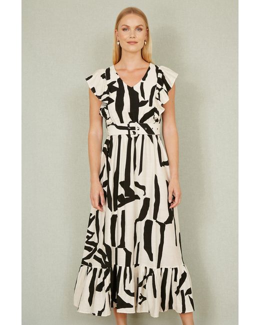 Yumi' White Ivory Abstract Print Viscose Midi Dress With Matching Belt