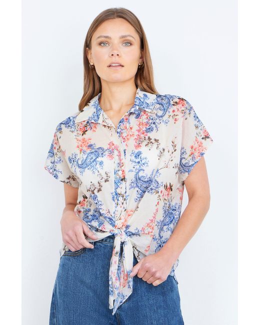 Yumi' White Cotton Paisley Print Tie Knot Shirt