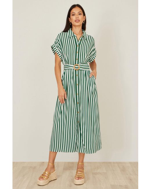Yumi' Green Stripe Print Relaxed Midi Shirt Dress With Belt