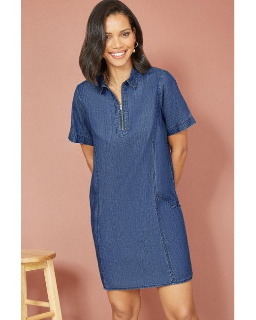 Yumi' Blue Cotton Chambray Tunic With Zip Neckline