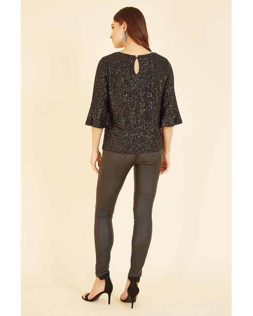 Yumi' Black Sequin Top With Fluted Sleeve