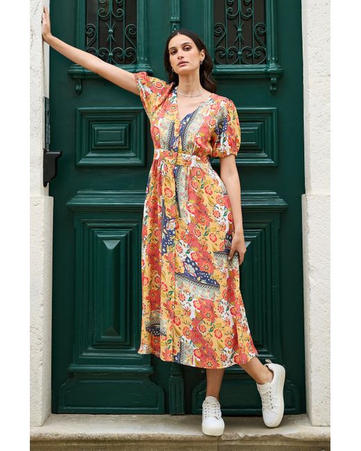 Yumi' Multicolor Multicolour Floral Patchwork Print Midi Shirt Dress