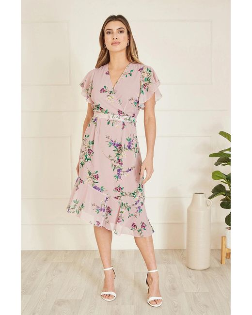 Yumi' Natural Blush Wrap Over Midi Dress With Frill Details And Matching Belt