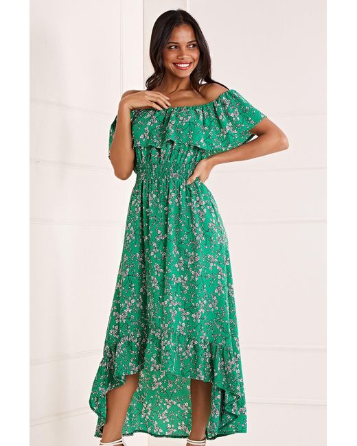 Yumi' Green Bardot Asymmetric Maxi Dress