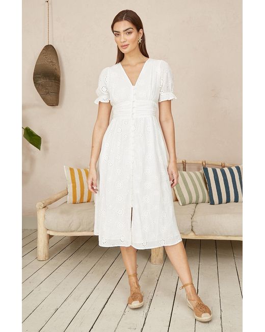 Yumi' Natural Cotton Broderie Anglaise Midi Button Up Dress
