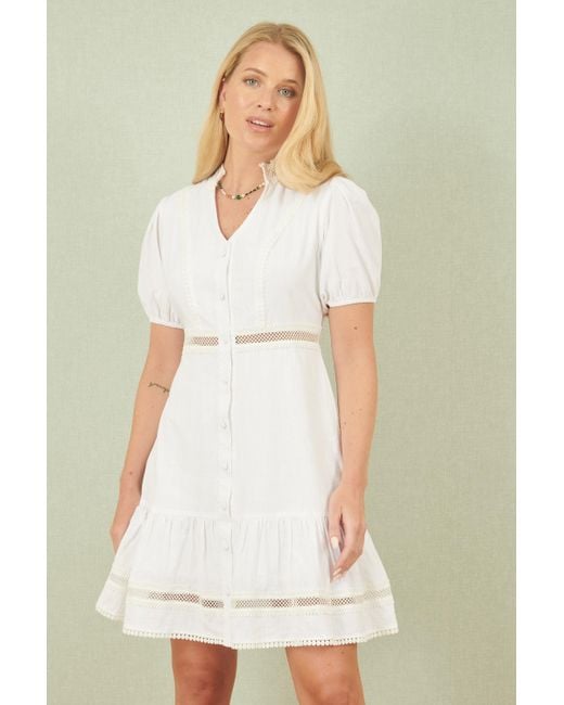 Yumi' White Cotton Lace Trim Skater Shirt Dress
