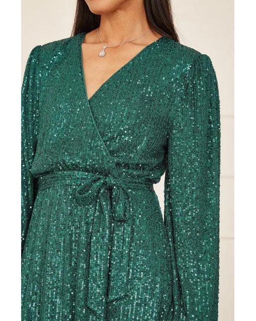 Mela Green Sequin Belted Wrap Long Sleeve Dress