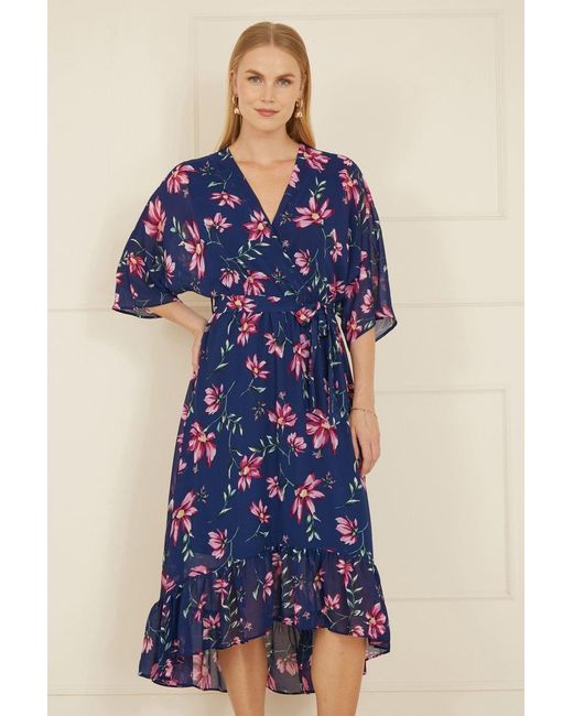 Yumi' Blue Floral Kimono Dipped Hem Dress