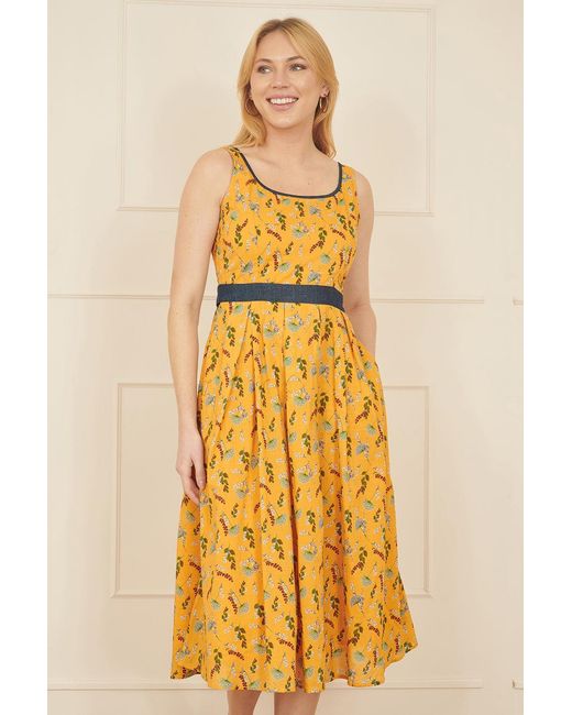 Yumi' Yellow Floral Skater Dress With Denim Trims