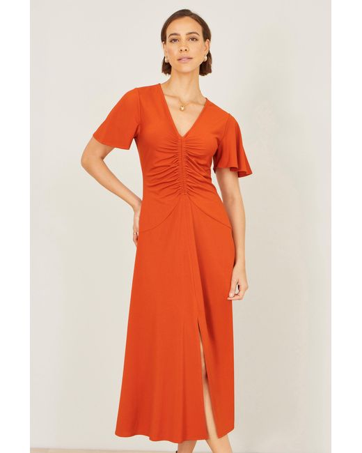 Yumi' Orange Ruched Front Stretch Midi Dress