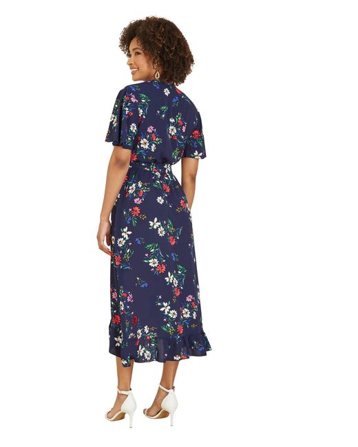 Mela Blue Floral Wrap Dress With Frill Hem
