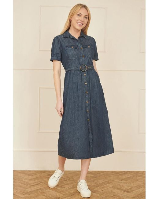 Yumi' Blue Chambray Utility Midi Denim Shirt Dress