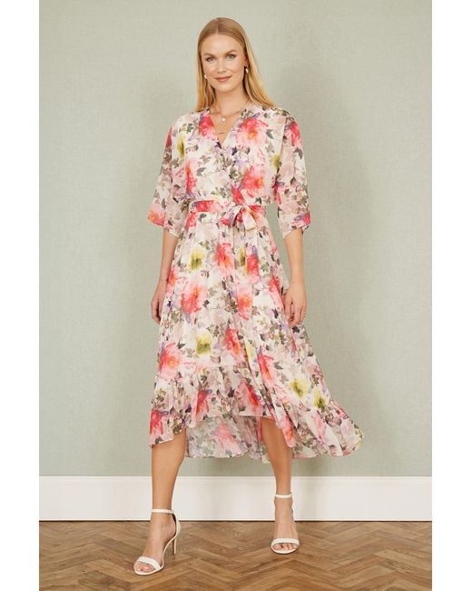 Yumi' Pink Vintage Floral Wrap Midi Dress With Frill