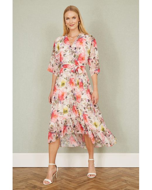 Yumi' Pink Vintage Floral Wrap Midi Dress With Frill