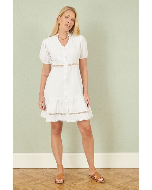Yumi' White Cotton Lace Trim Skater Shirt Dress