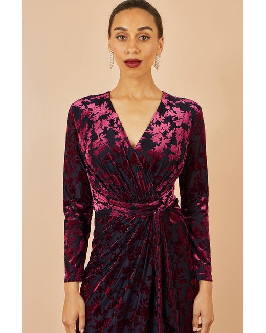 Yumi' Blue Velour Stretch Midi Dress With Long Sleeves